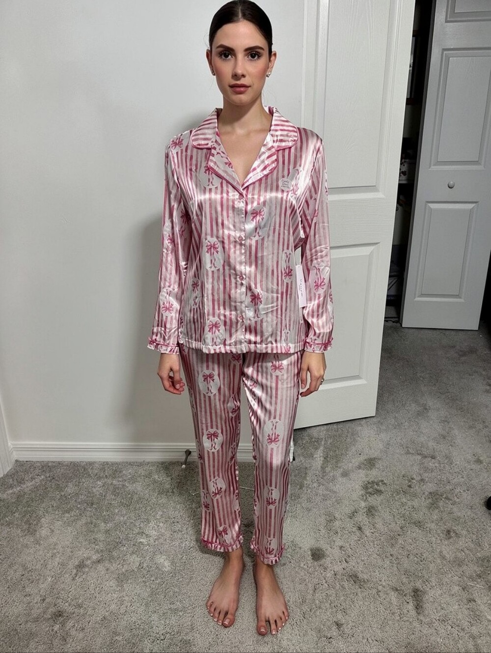 Silky Pink & White Striped Women's Pajama Set